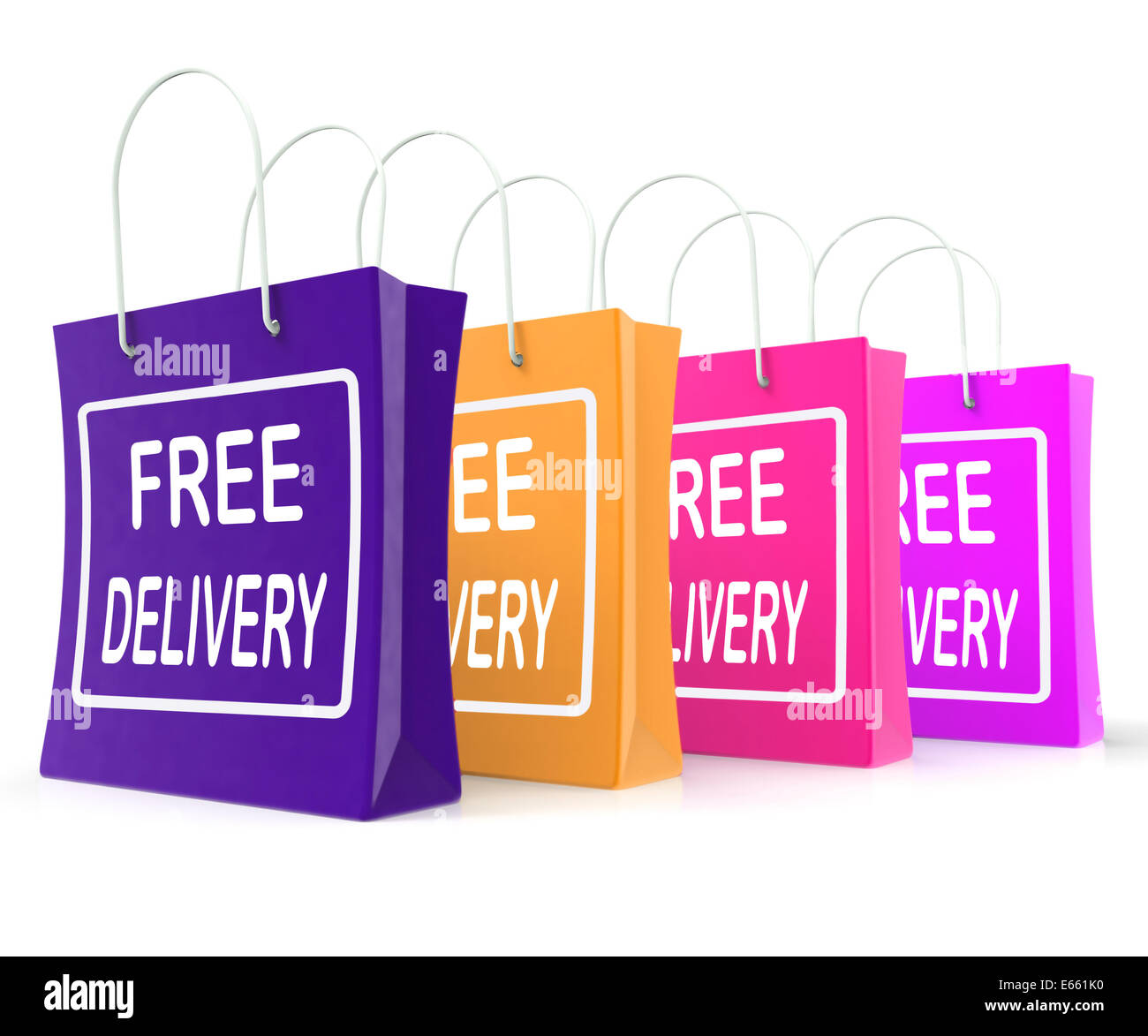 Free Delivery Shopping Bags Showing No Charge Or Gratis To Deliver Stock Photo