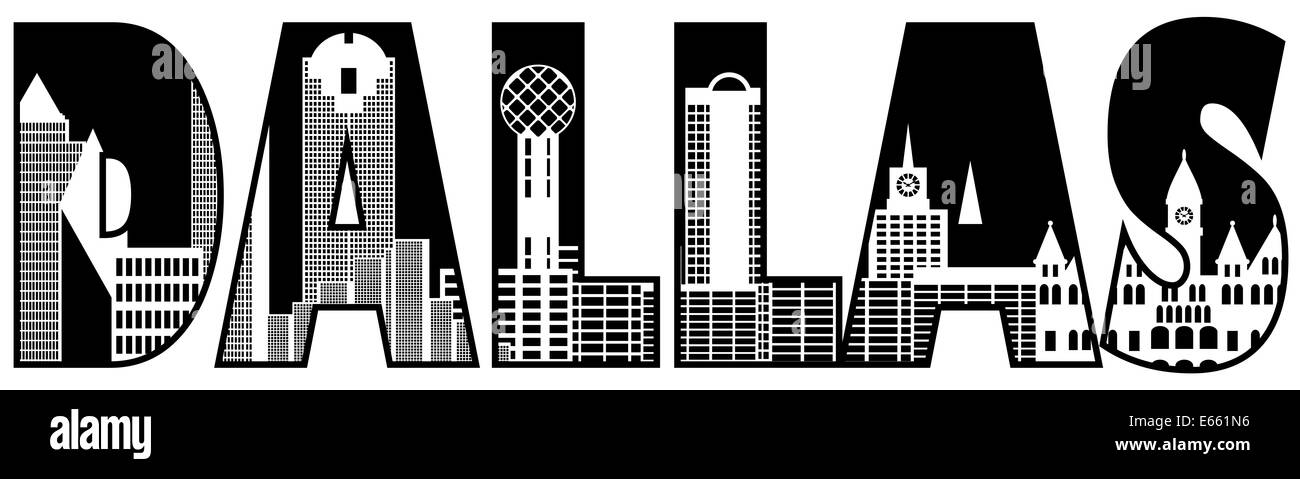 Dallas Texas City Skyline Text Outline Black Silhouette Isolated on White Background Illustration Stock Photo