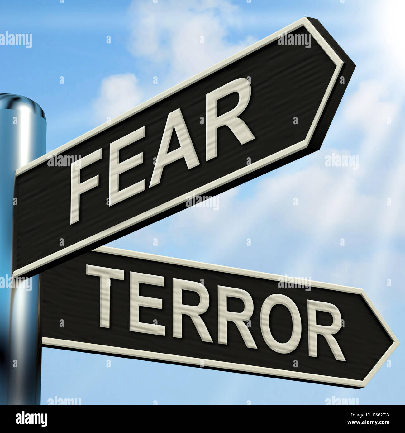 Fear Terror Signpost Showing Frightened And Terrified Stock Photo
