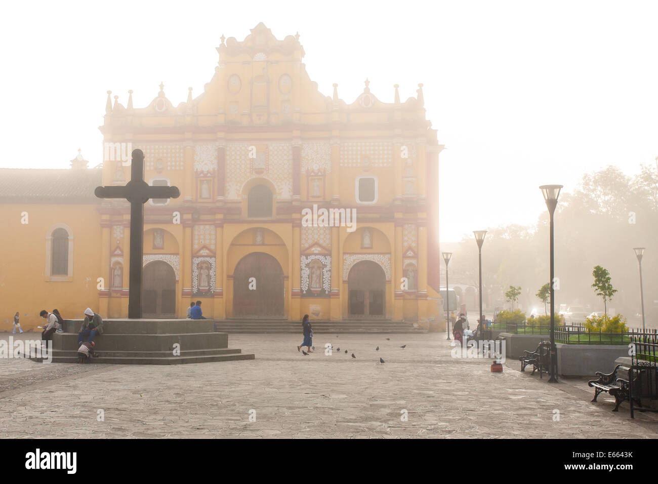 A foggy morning in the plaza of San Cristobal de las Casas, Chiapas, Mexico. Stock Photo
