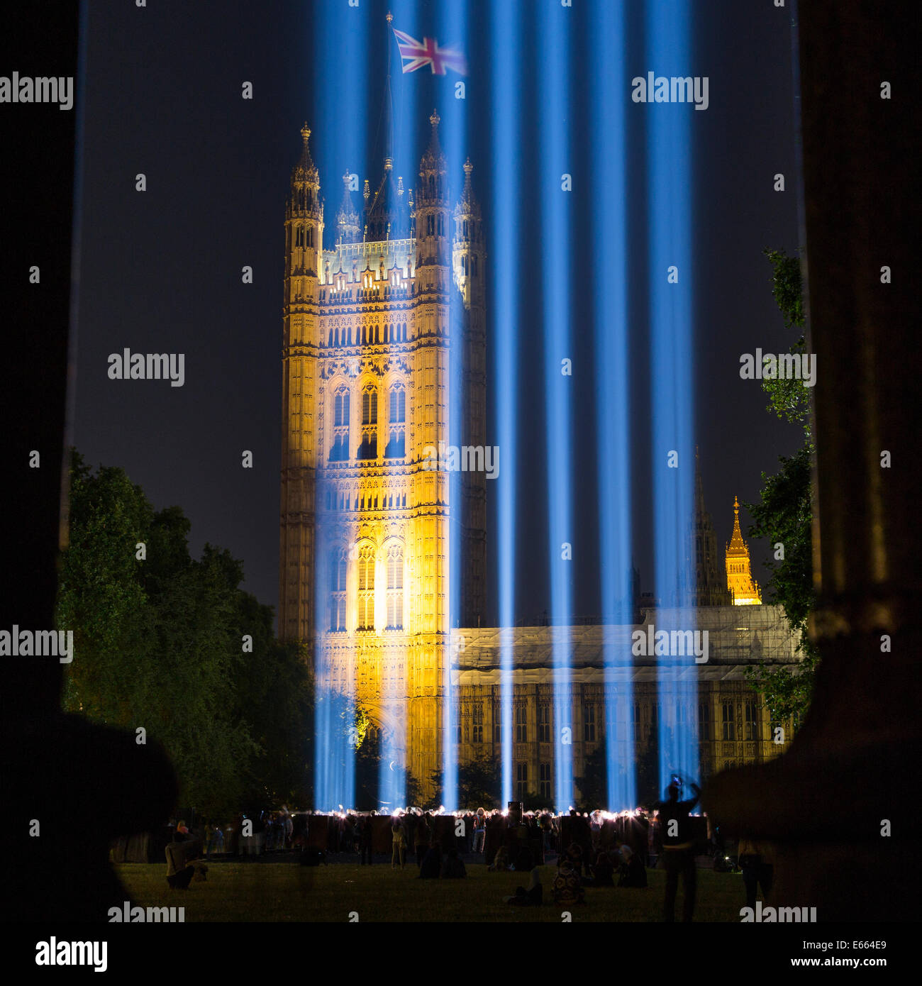 on the 04/08/2014 the 'Spectra' light behind the House of Lords was switched on to commemorate the centenary of WW1 Stock Photo