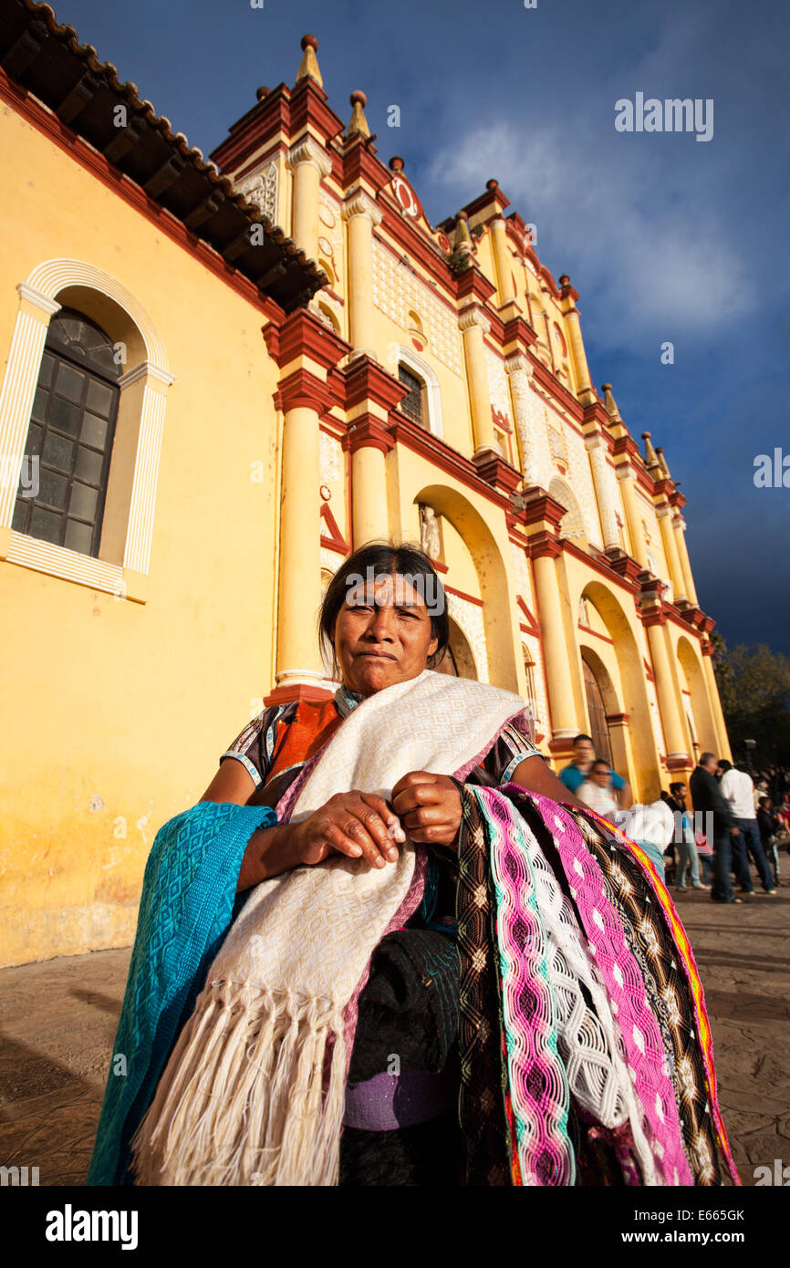 A tzotzil indian linen vendor outside the cathedral in San Cristobal de las Casas, Chiapas, Mexico. Stock Photo