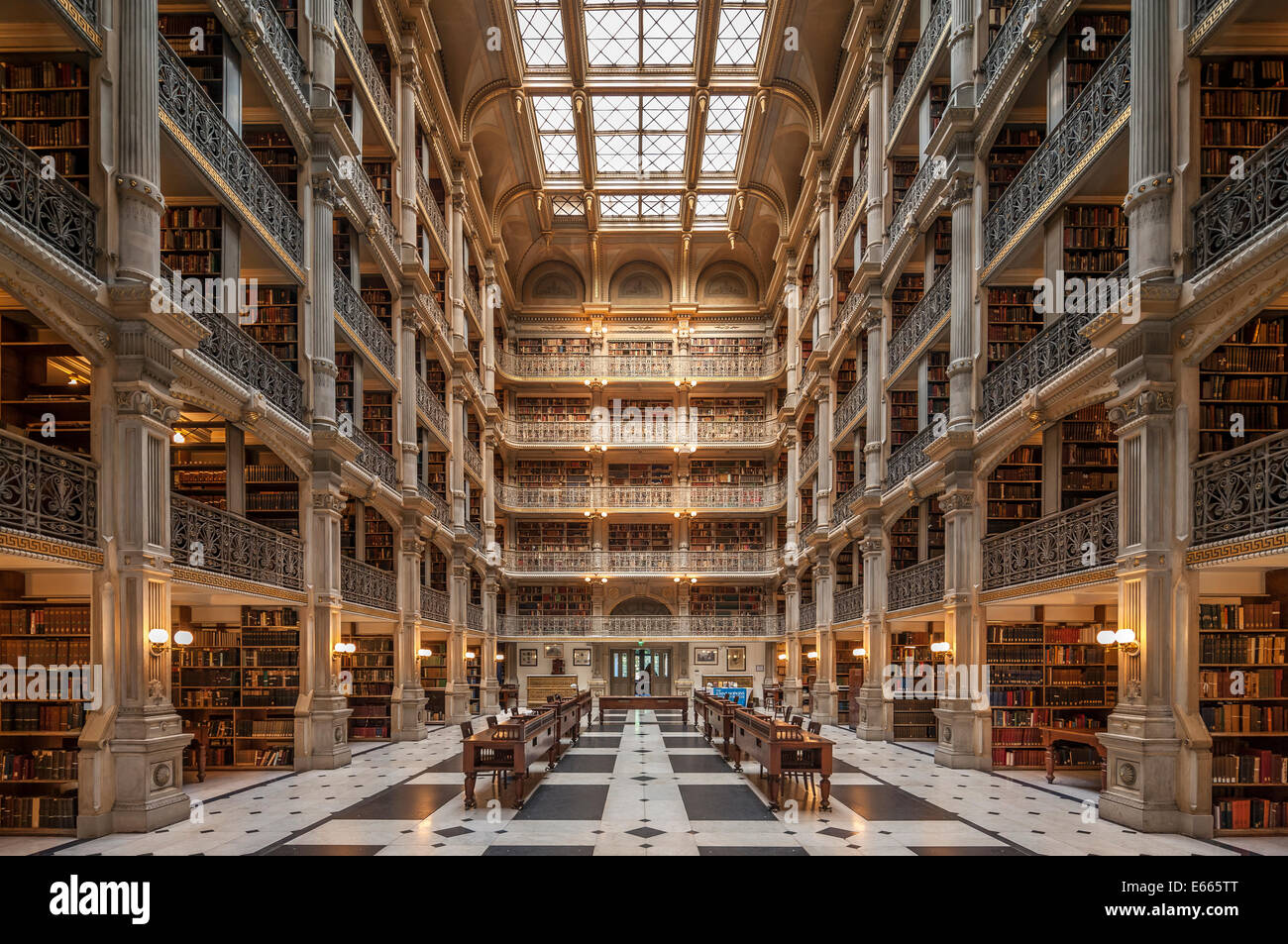 Baltimore George Peabody Library one of the most beautiful famous libraries in the world. Stock Photo
