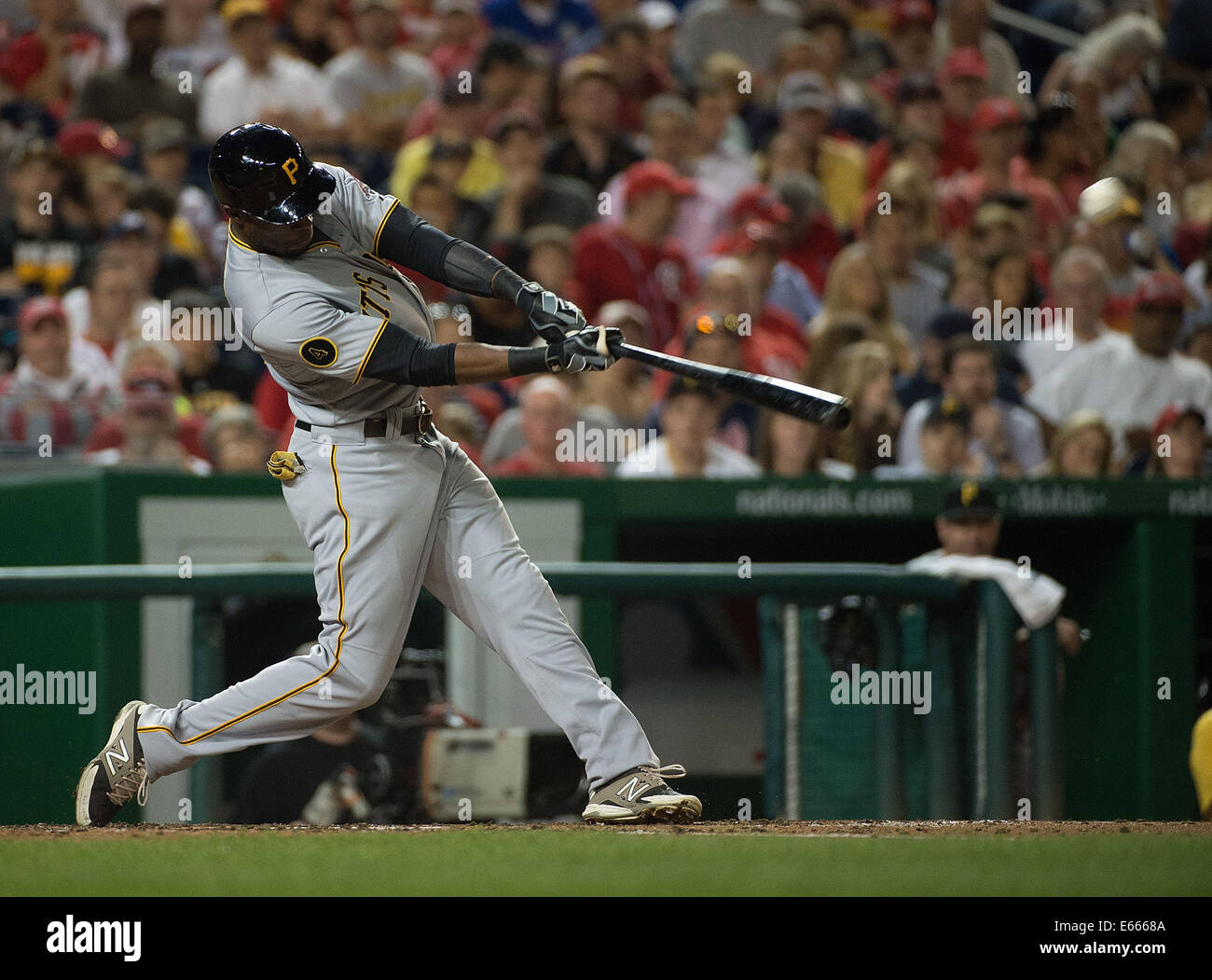 Washington, DC, USA. 15th Aug, 2014. Pittsburgh Pirates left fielder Starling Marte (6) hits a two-run home run off Washington Nationals starting pitcher Tanner Roark (57) during the fourth inning of their game at Nationals Park in Washington, D.C, Friday, August 15, 2014. Credit:  Harry E. Walker/ZUMA Wire/Alamy Live News Stock Photo