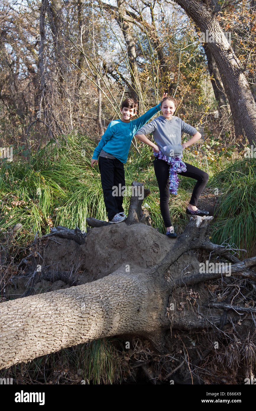 A couple of preteen kids playing on a fallen log. The setting is a forest. Stock Photo