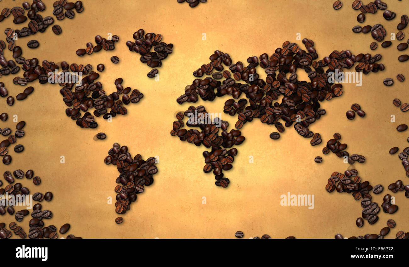 World map Coffee Bean on Old Paper Stock Photo