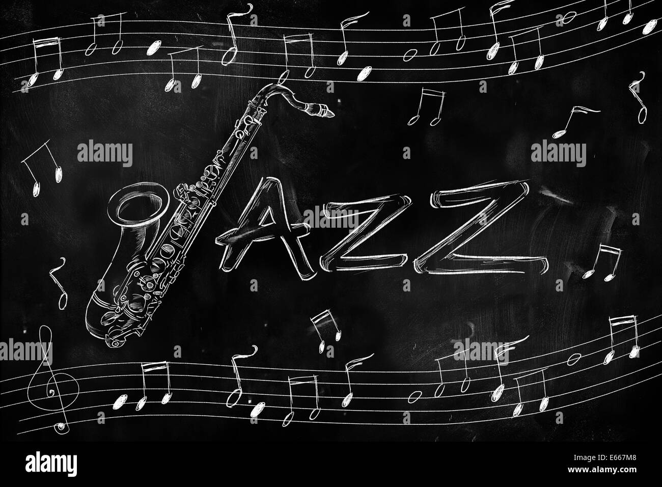 Jazz Saxophone Drawing on blackboard music wallpaper Stock Photo