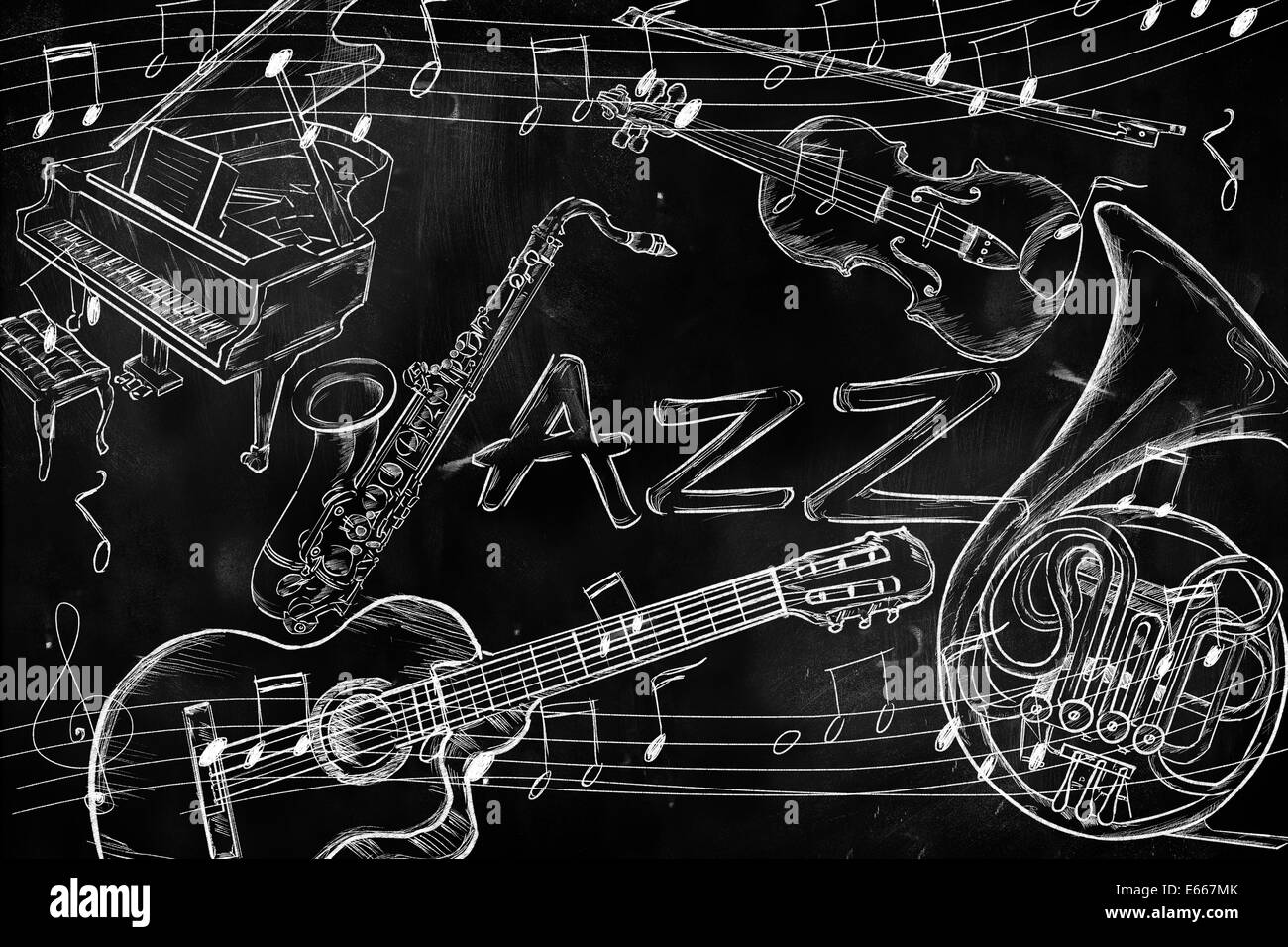 Jazz instruments music background on dark blackboard Stock Photo