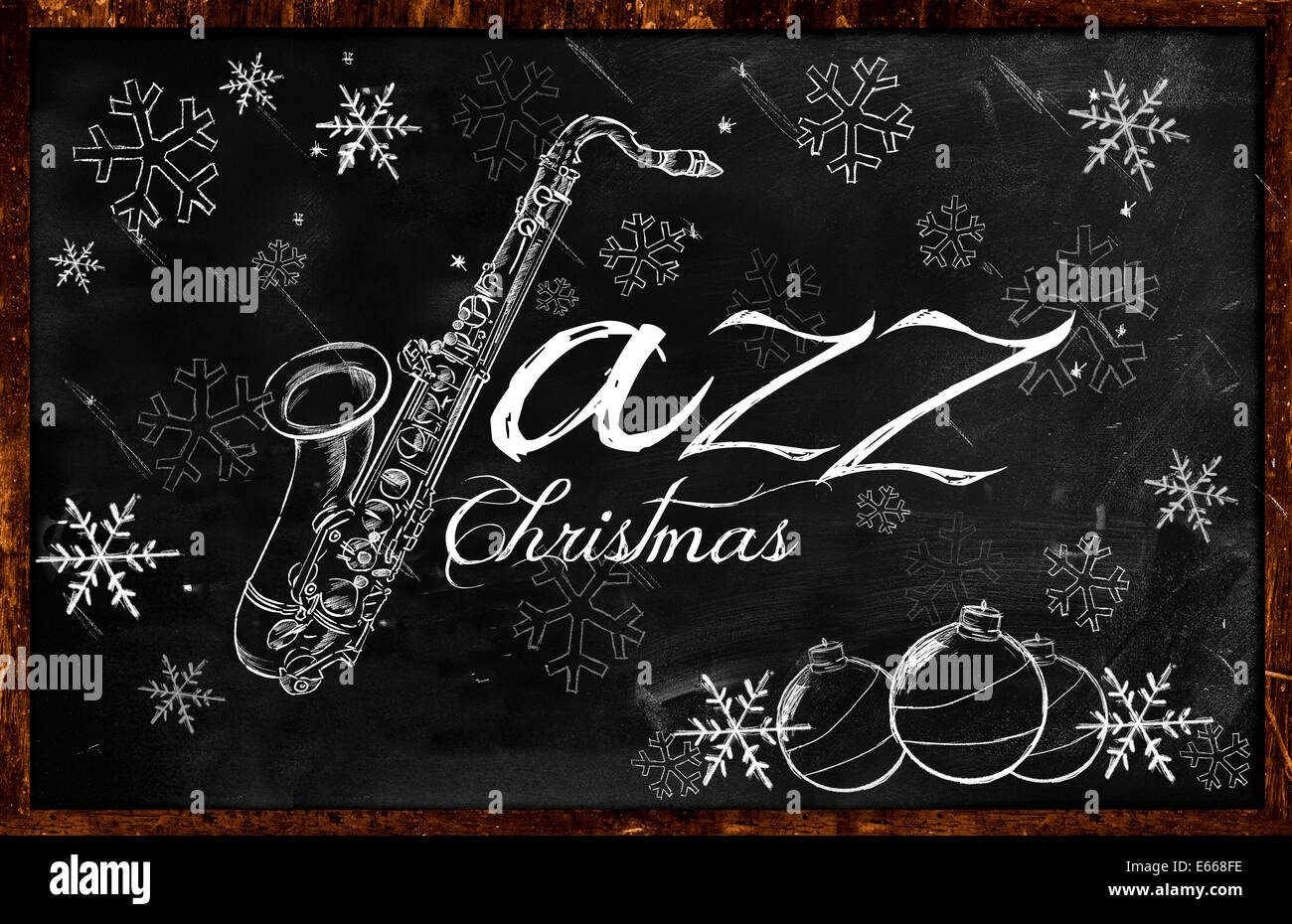 Jazz Christmas Saxophone Christmas sketch on blackboard Stock Photo