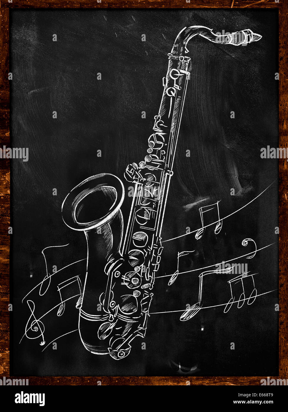 Saxophone drawing sketching on blackboard music wallpaper Stock Photo