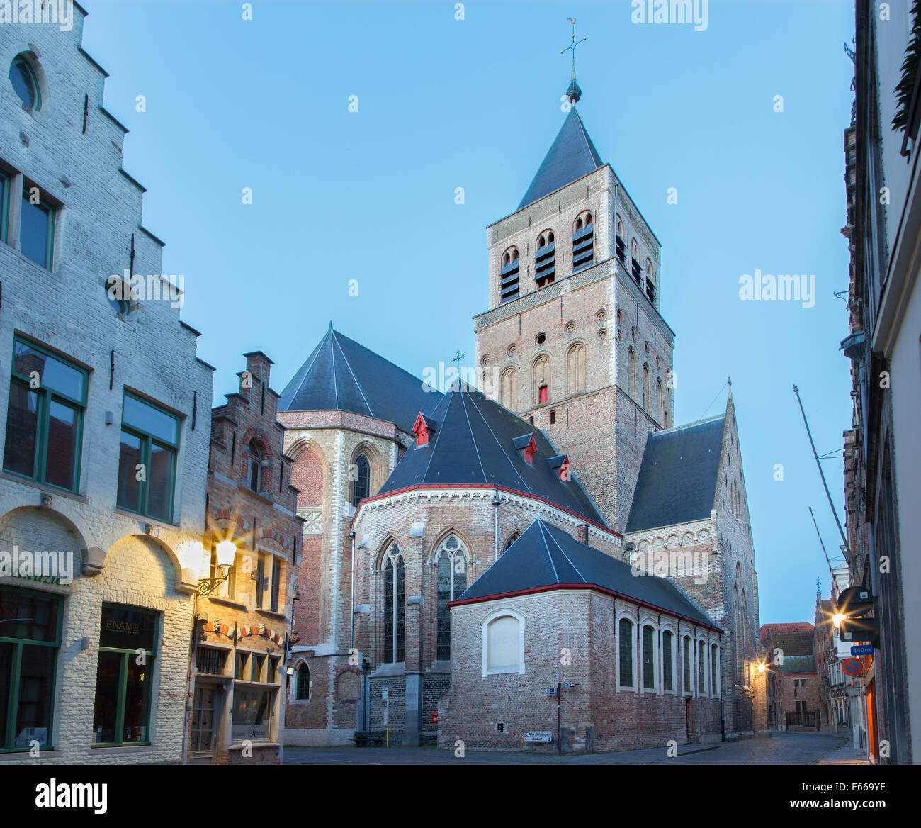 BRUGES, BELGIUM - JUNE 12, 2014: Church of st. Jacob in morning dusk. Stock Photo