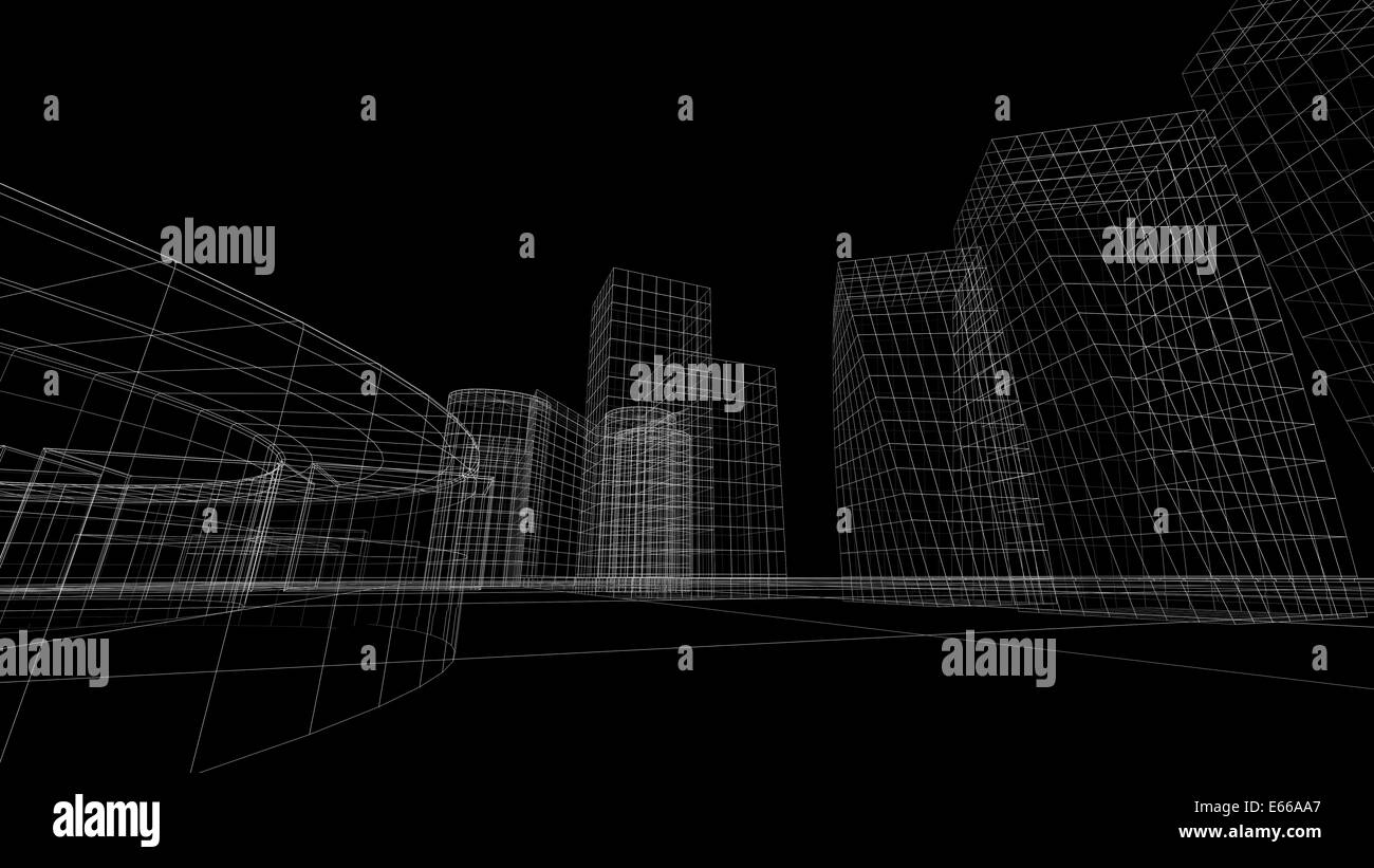 Wireframe view of some buildings with a black background Stock Photo