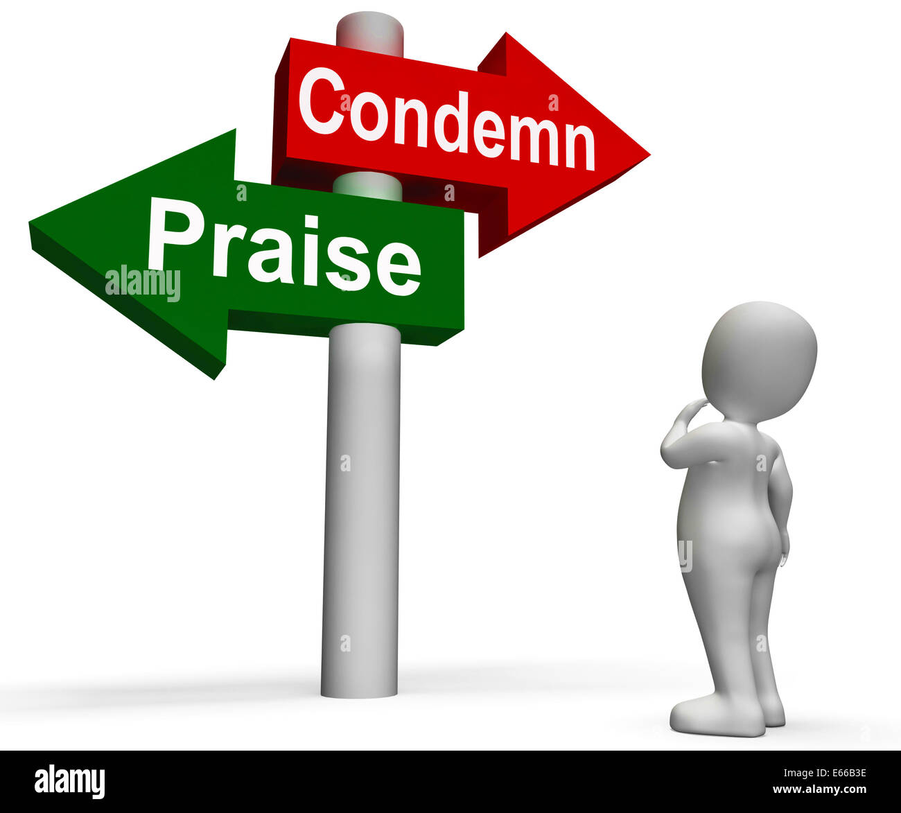 Condemn Praise Signpost Meaning Appreciate or Blame Stock Photo