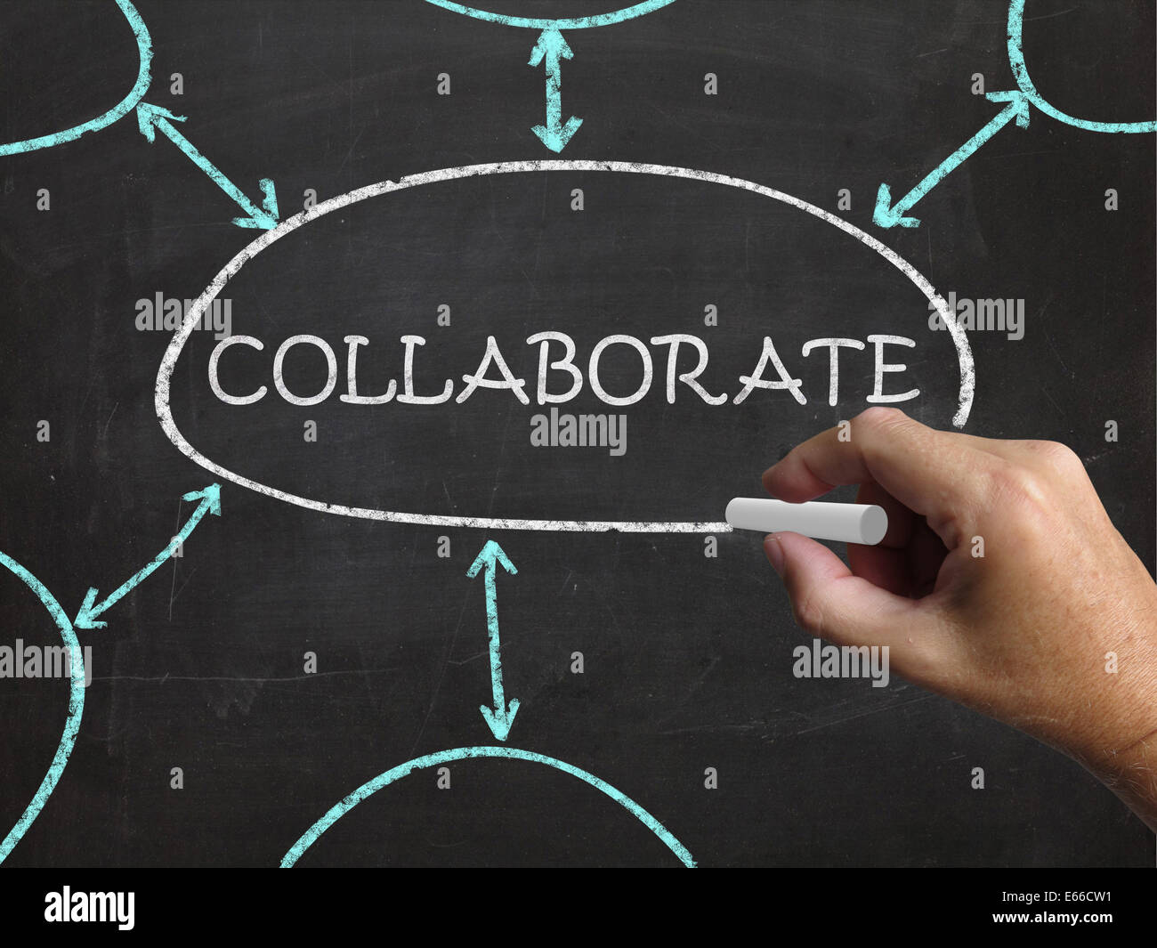 Collaborate Blackboard Showing Working Together And Synergy Stock Photo