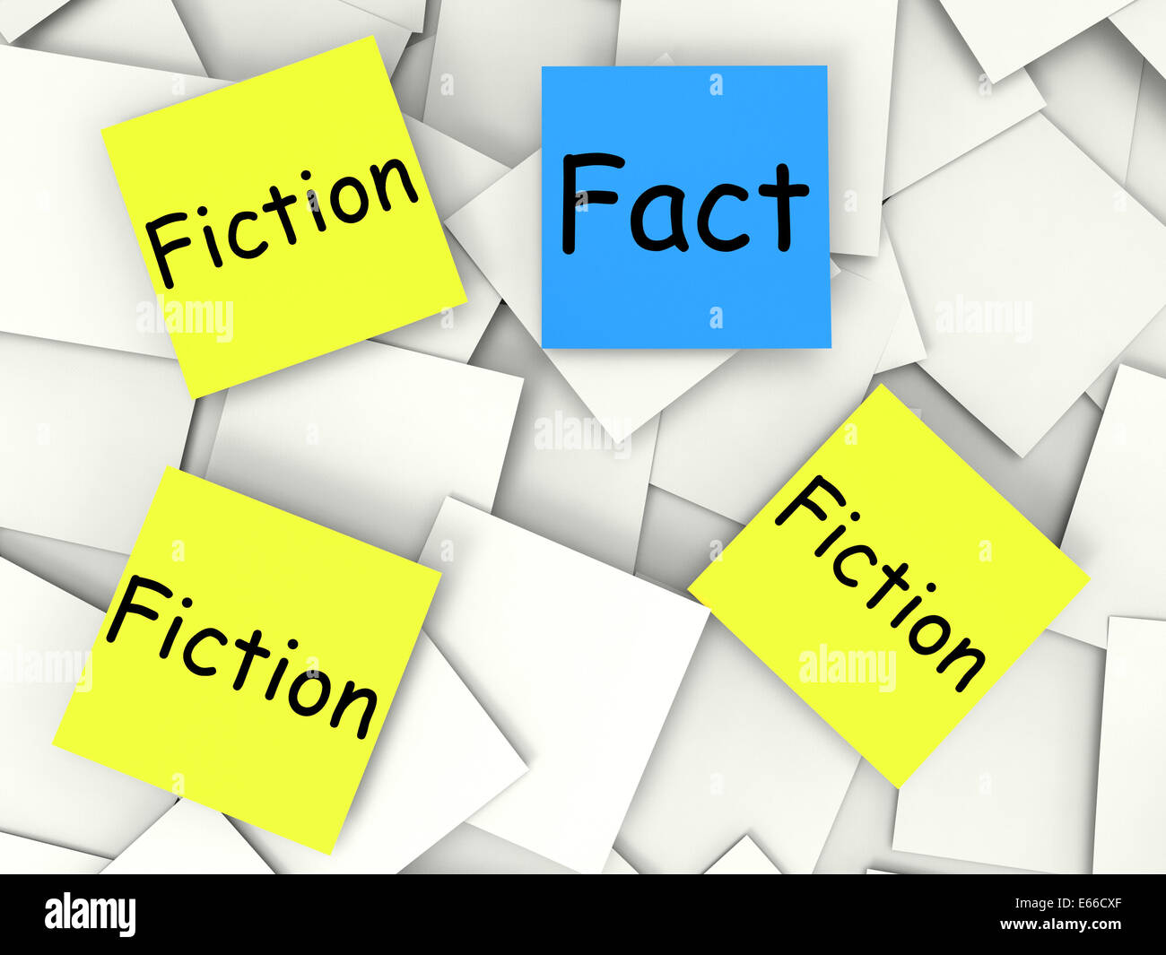 Fact Fiction Post-It Notes Showing Factual Or Untrue Stock Photo