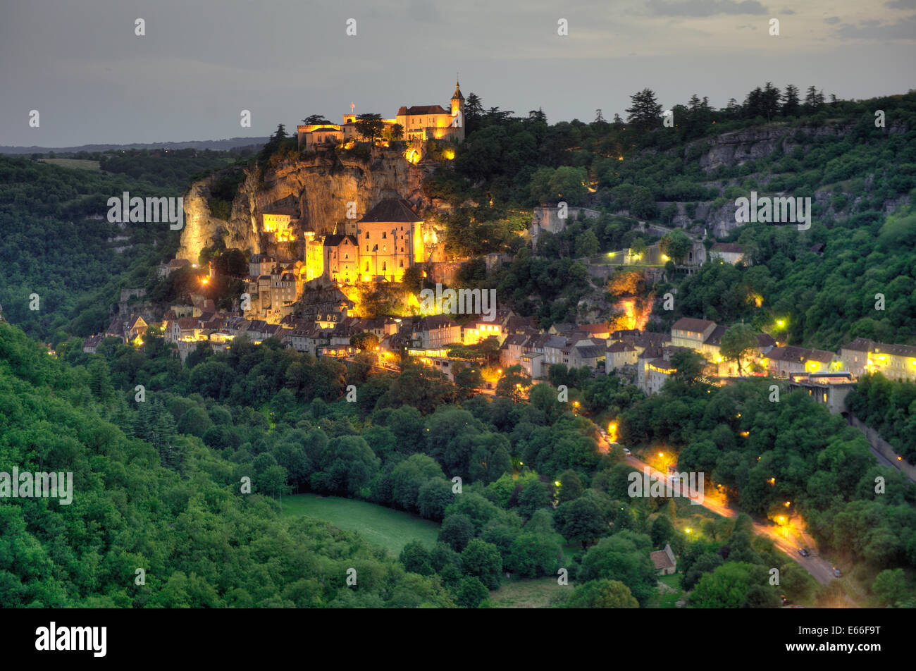 The small and picturesque village of Rocamadour in the twilight Stock Photo