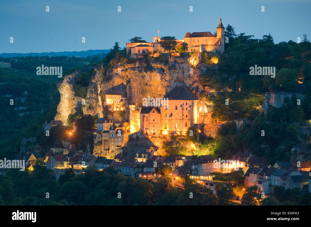The small and picturesque village of Rocamadour in the twilight Stock Photo