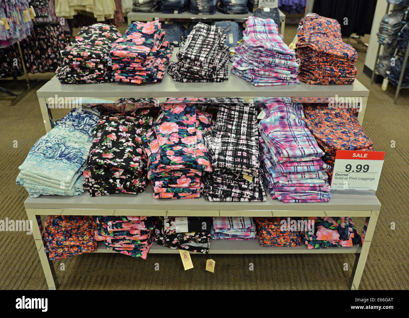 Colorful print leggings on sale at J.C. Penny's department store in Roosevelt Field in Garden City, New York Stock Photo