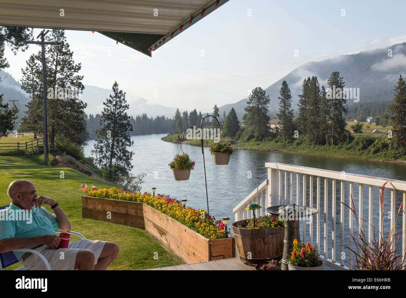Scenic Clark Fork River View from Residential House Deck, Montana, USA