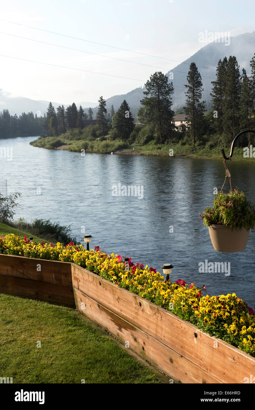 Scenic Clark Fork River View from Residential House Deck, Montana, USA Stock Photo