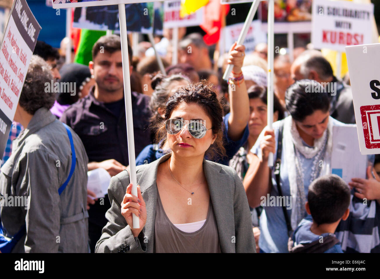 London, August 16th 2014. Dozens of Kurds, Yazidis, Iraqui Christians and their supporters gather outside the BBC headquarters in London in protest against the ongoing reign of terror in the Middle East by the Islamic State, formerly known as ISIS. Credit:  Paul Davey/Alamy Live News Stock Photo