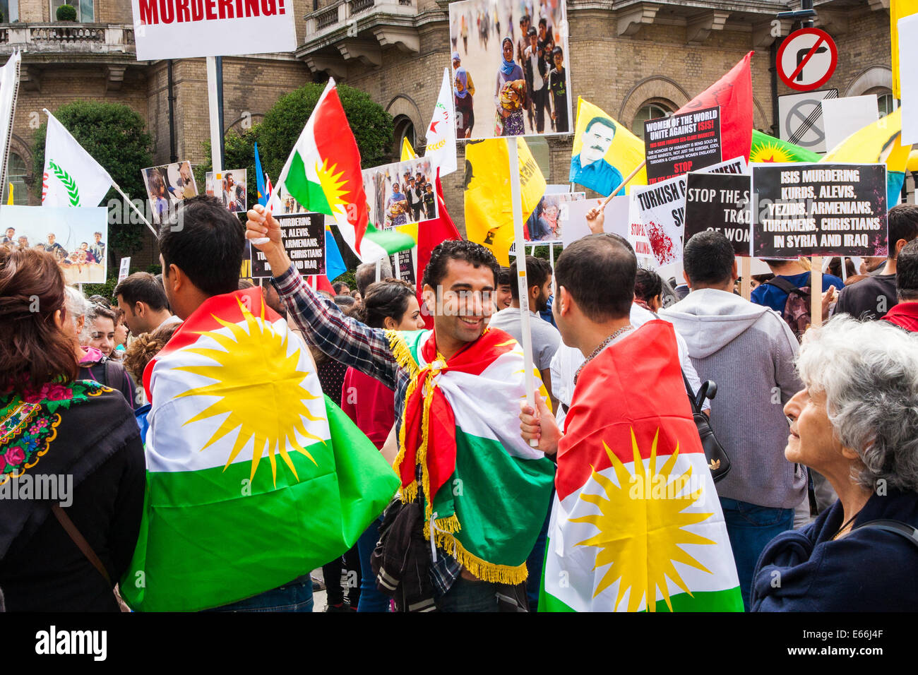 London, August 16th 2014. Dozens of Kurds, Yazidis, Iraqui Christians and their supporters gather outside the BBC headquarters in London in protest against the ongoing reign of terror in the Middle East by the Islamic State, formerly known as ISIS. Credit:  Paul Davey/Alamy Live News Stock Photo