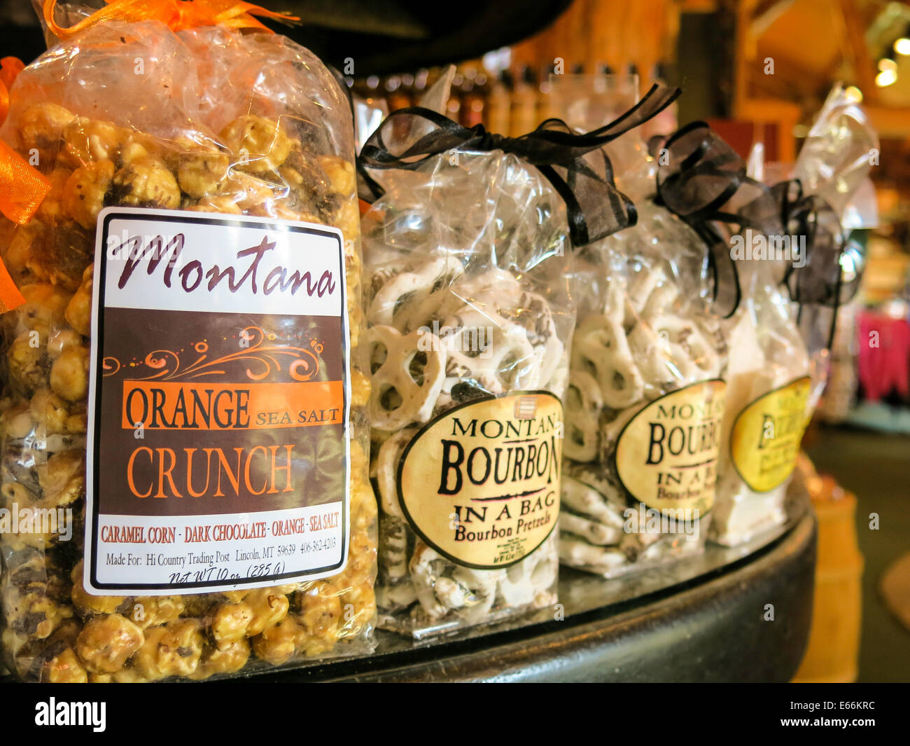 Montana Crunch Brand Carmel Corn and Snack Pretzels in Bags, Hi-Country Trading Post, Lincoln, Montana Stock Photo