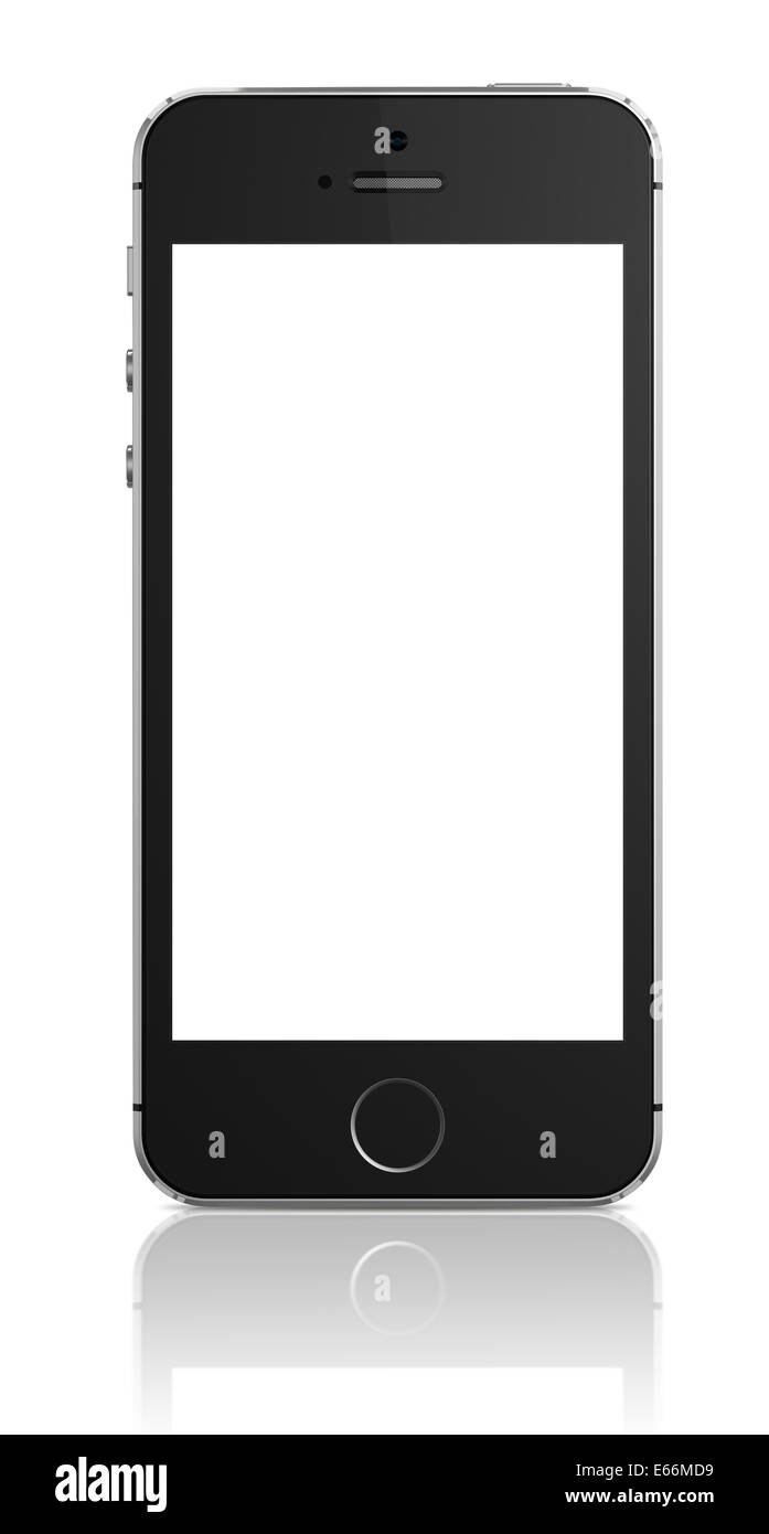 A front view of an Apple iPhone 5s displaying a blank white screen Stock Photo