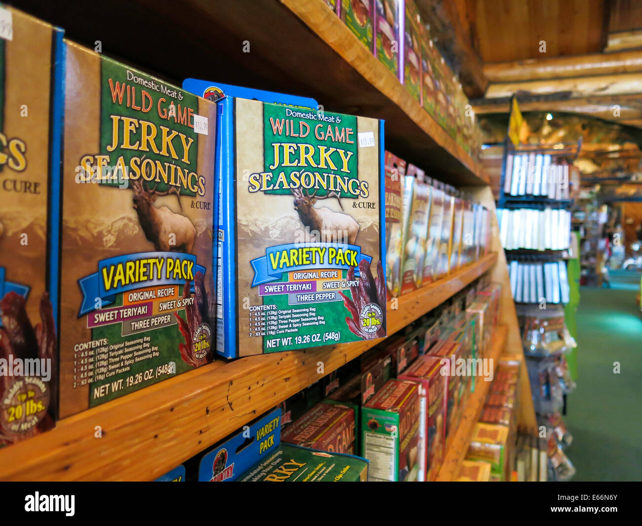 Jerky Seasoning Boxes, Hi-Country Trading Post, Lincoln, Montana Stock Photo