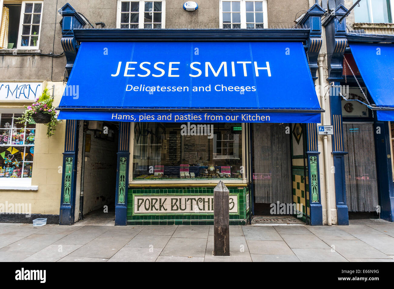 Outside Jesse Smith, Butcher's shop and deli (produce is from their own kitchen), in the Cotswolds town of Cirencester, Gloucestershire, England, UK. Stock Photo