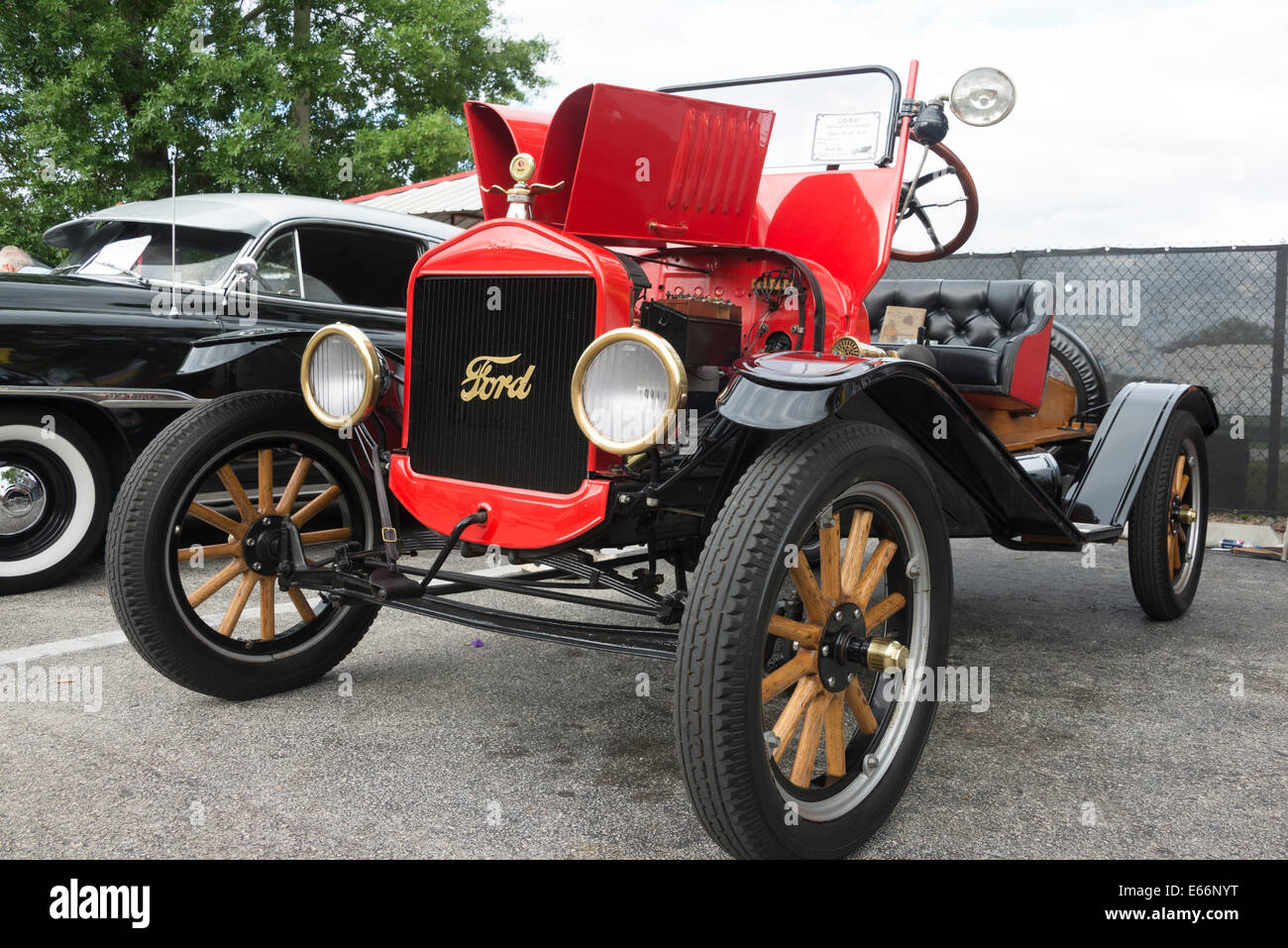 A Vintage Red Ford Model T Car on Display in The Old Town Kissimmee. Stock Photo