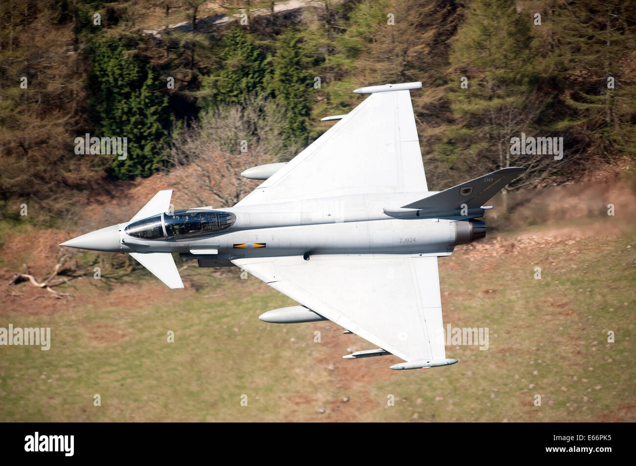 Typhoon F2 euro fighter low flying training  Wales Mach loop, Stock Photo