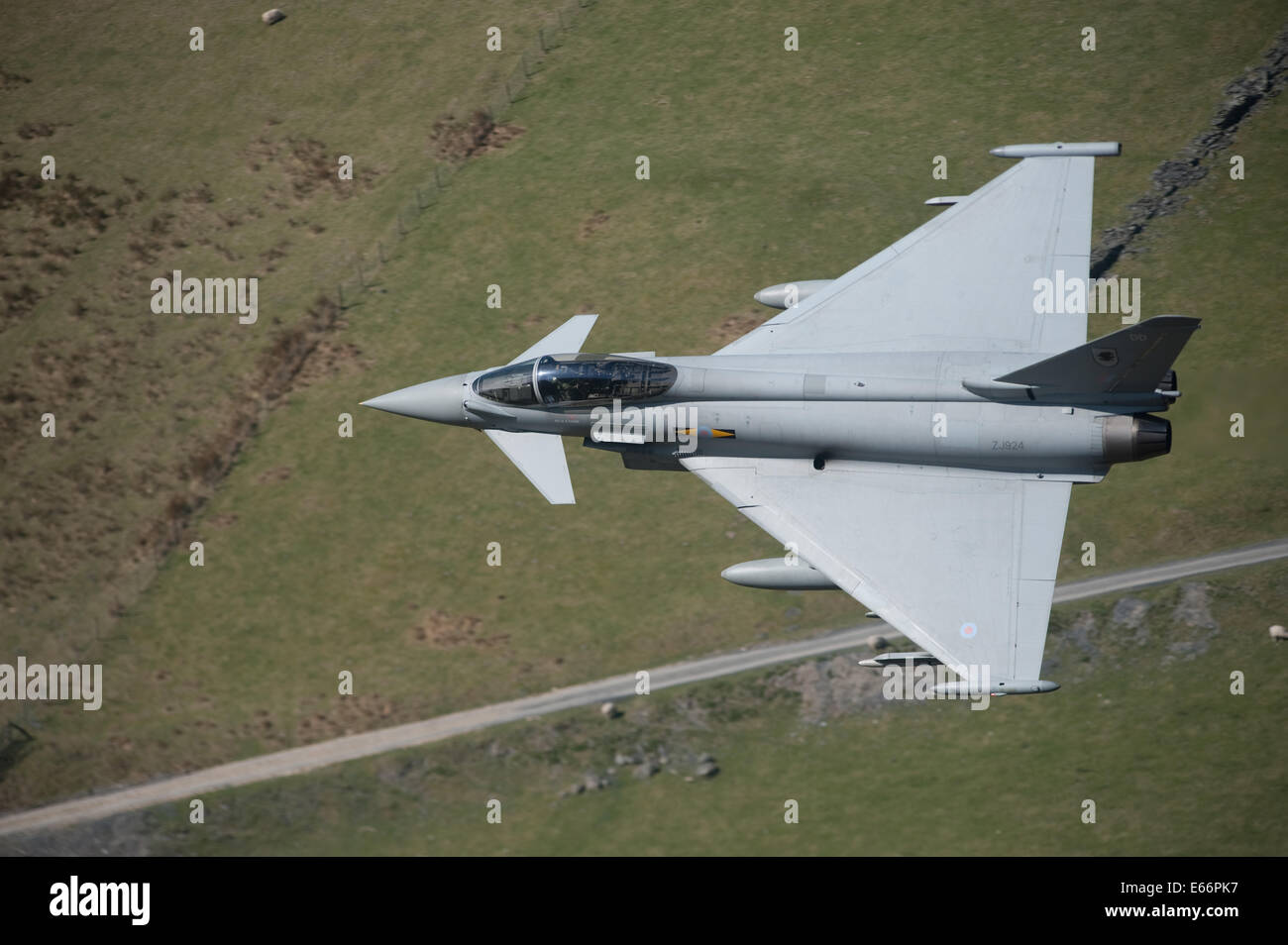 Typhoon F2 euro fighter low flying training  Wales Mach loop, Stock Photo