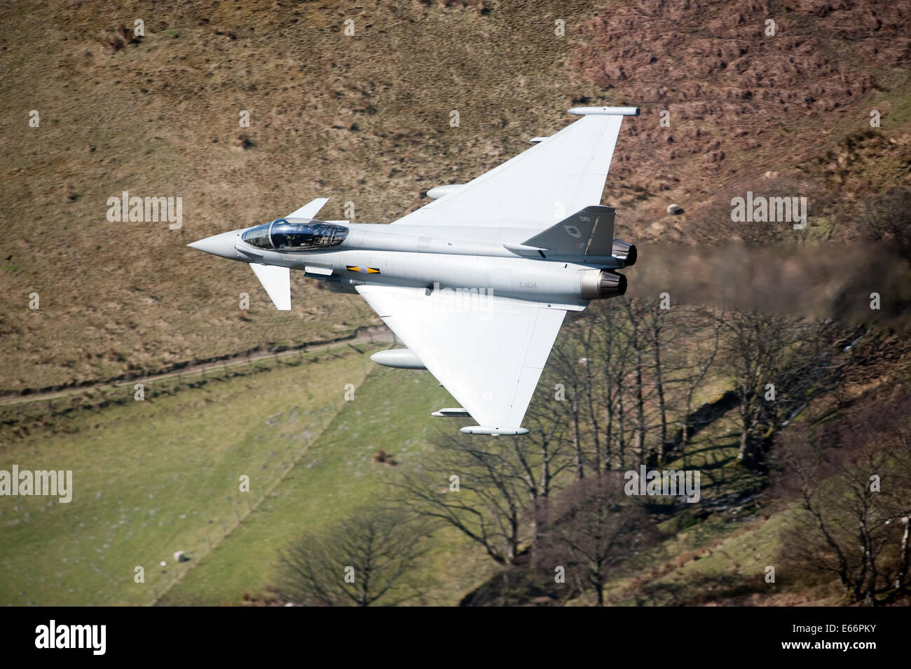 Typhoon F2 euro fighter low flying training  Wales Mach loop, Stock Photo