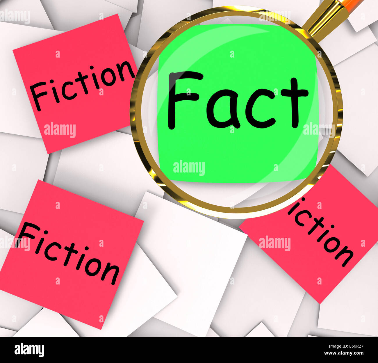 Fact Fiction Post-It Papers Showing Factual Or Untrue Stock Photo