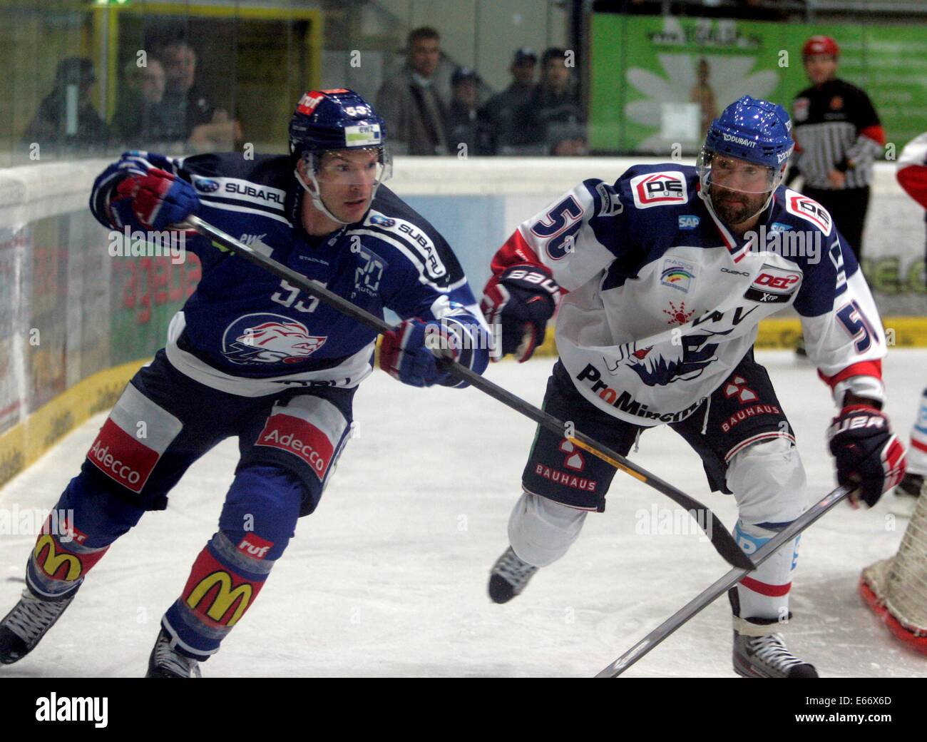 Bad Toelz, Bavaria, Germany. 15th Aug, 2014. from left Morris TRACHSLER/Zuerich, Glen METROPOLIT/CAN/Mannheim.two top teams from Germany and Switzerland meet for a ice hockey friendly as preparation for the season, ZSC Lions Zuerich vs Adler Mannheim, August 15, 2014, Bad Toelz, Germany, Credit:  Wolfgang Fehrmann/Wolfgang Fehrmann/ZUMA Wire/Alamy Live News Stock Photo