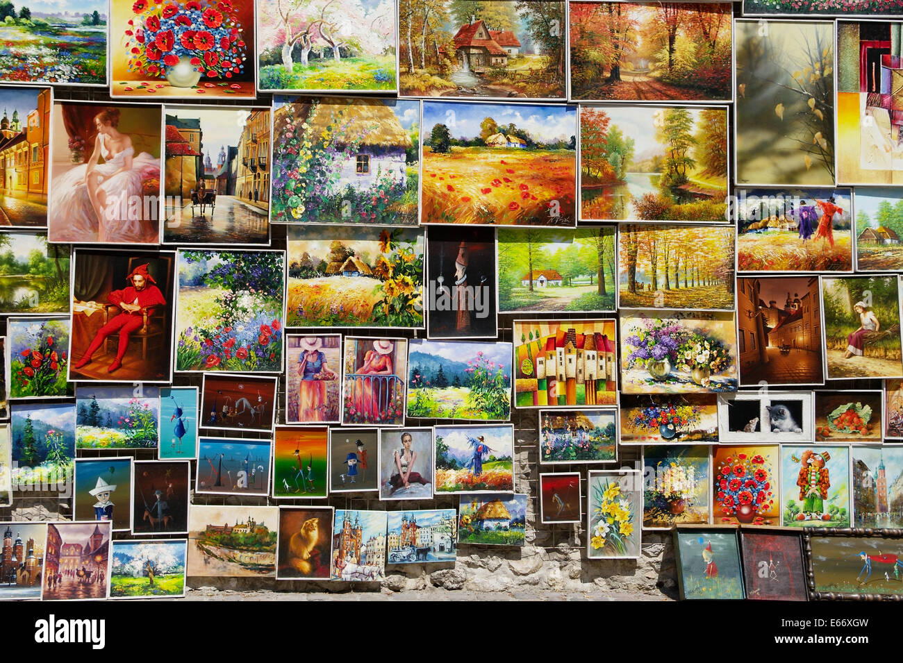 An open air art gallery with paintings for sale in the Old Town in Cracow, Poland. Stock Photo