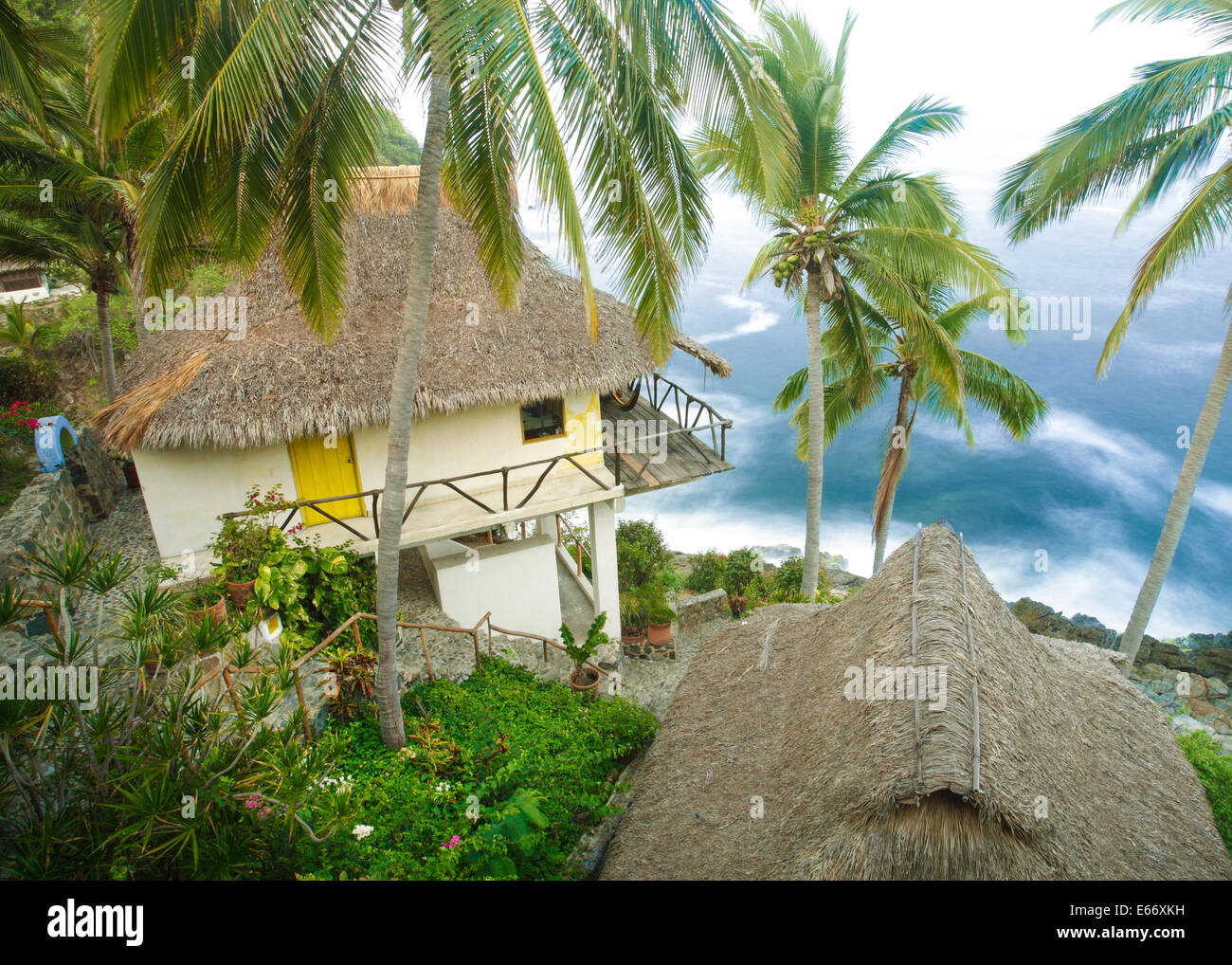 Beach houses in Manzanillo, Colima, Mexico overlook the Pacific Ocean