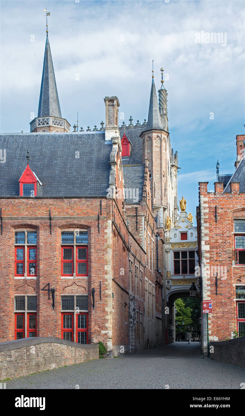 Bruges - Back side of Town hall and Blinde Ezelstraat street. Stock Photo
