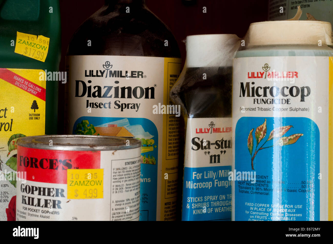 Miscellaneous pesticides stored in old garden shed Stock Photo