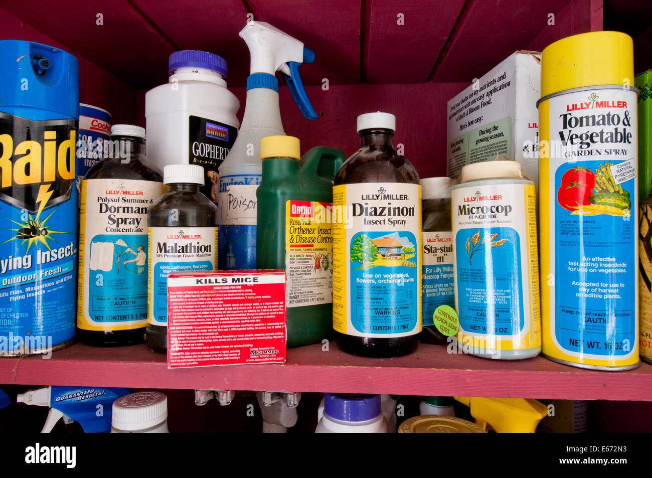 Miscellaneous pesticides stored in old garden shed Stock Photo
