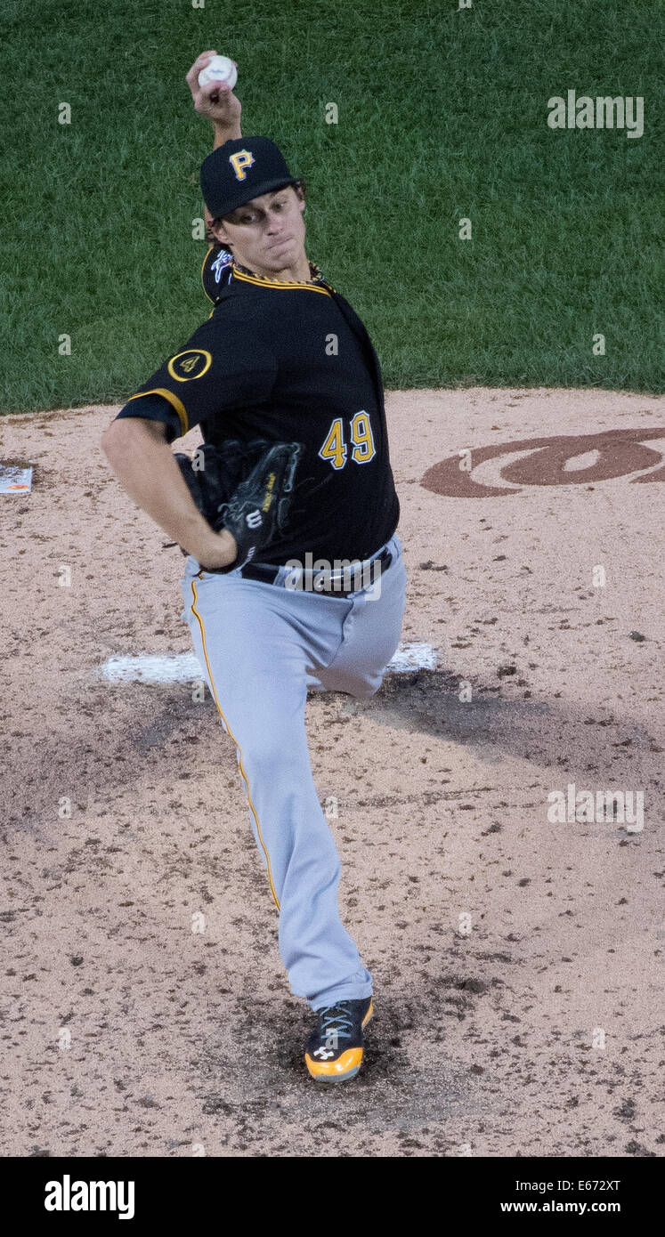 Pittsburgh Pirates starting pitcher Jeff Locke (49) delivers a pitch against the Washington Nationals during the third inning of their game at Nationals Park in Washington, D.C, Saturday, August 16, 2014. Credit:  Harry Walker/Alamy Live News Stock Photo