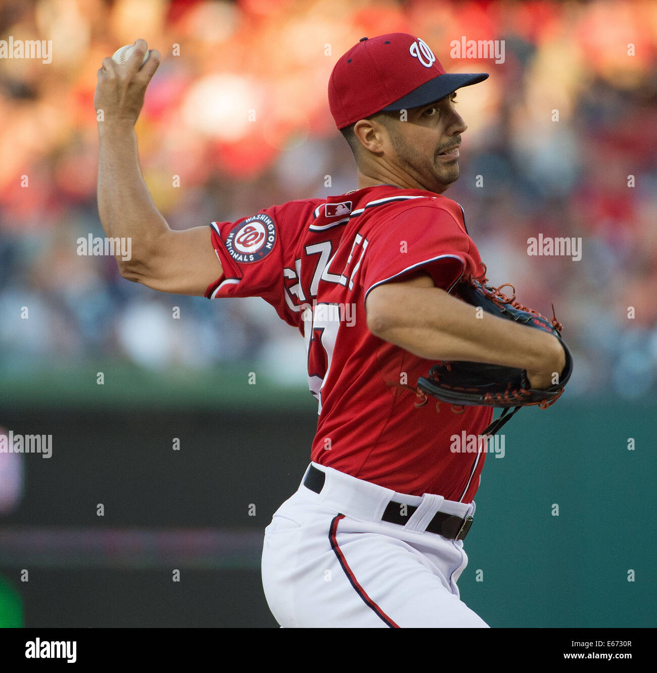 Washington, DC, USA. 16th Aug, 2014. Washington Nationals starting pitcher Gio Gonzalez (47) delivers a pitch against the Pittsburgh Pirates during the first inning of their game at Nationals Park in Washington, D.C, Saturday, August 16, 2014. Credit:  Harry E. Walker/ZUMA Wire/Alamy Live News Stock Photo