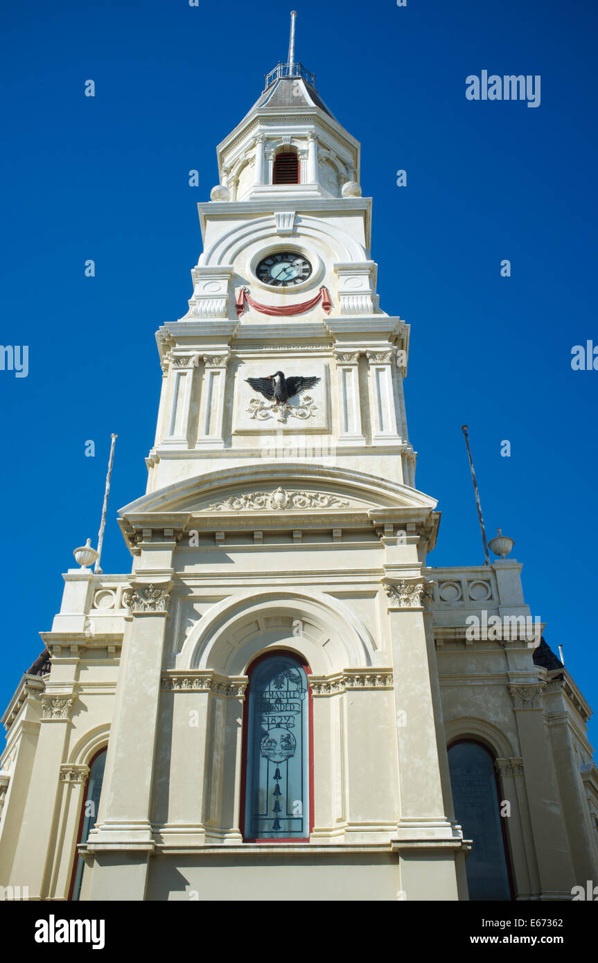 The tower of Fremantle Town Hall in Western Australia.  The shot shows the black swan motif, an emblem of Western Australia. Stock Photo
