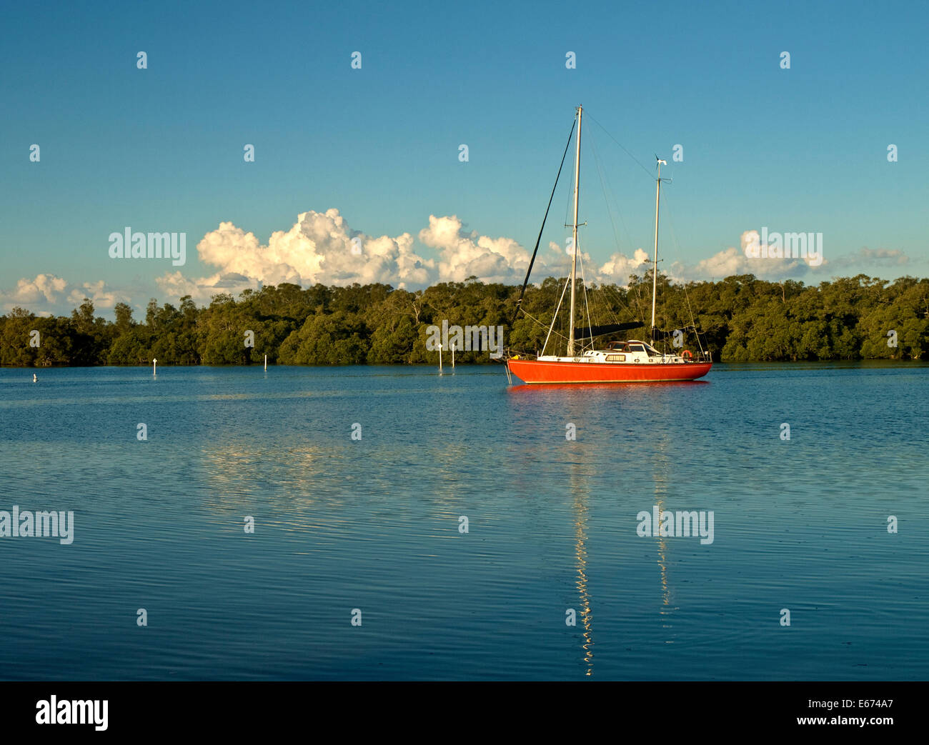 Australia: Moored yacht, Port Stephens, NSW Stock Photo