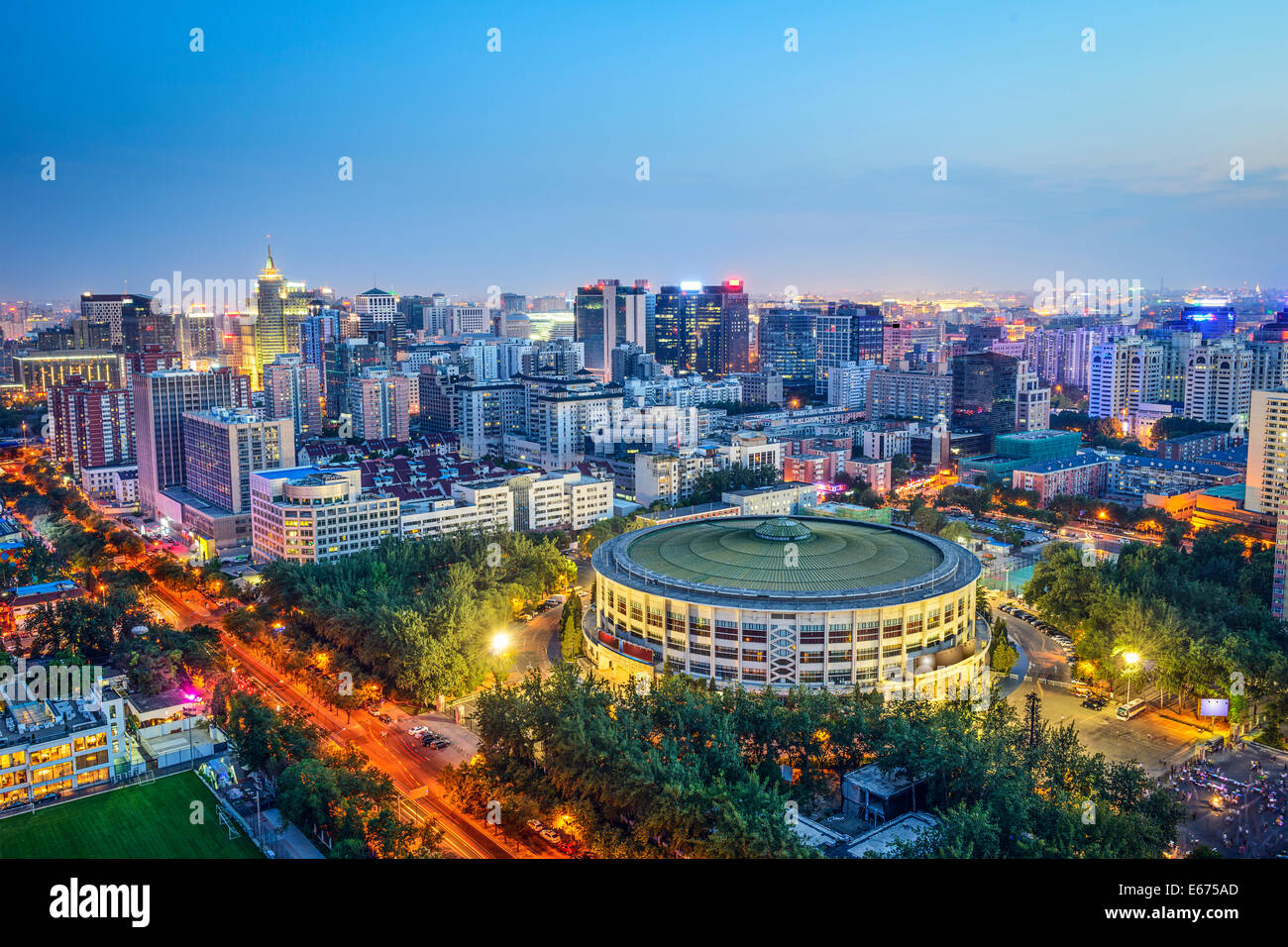 Beijing, China cityscape over Workers Indoor Arena in Chaoyang District. Stock Photo