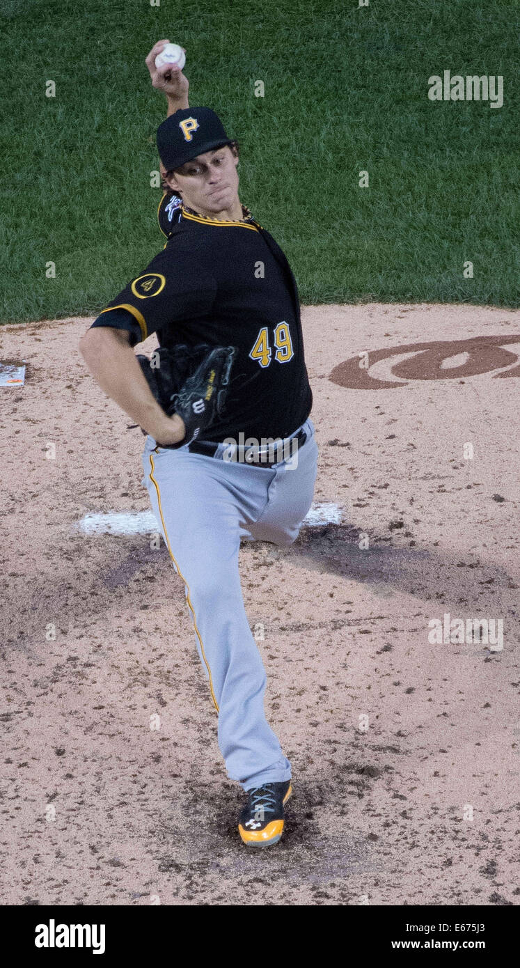 Washington, DC, USA. 16th Aug, 2014. Pittsburgh Pirates starting pitcher Jeff Locke (49) delivers a pitch against the Washington Nationals during the third inning of their game at Nationals Park in Washington, D.C, Saturday, August 16, 2014. Credit:  Harry E. Walker/ZUMA Wire/Alamy Live News Stock Photo