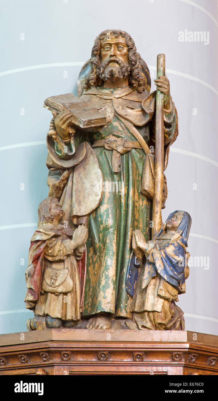 BRUGGE, BELGIUM - JUNE 12, 2014: The carved statue of the apostle st. Jacob  in st. Jocobs church (Jakobskerk) Stock Photo