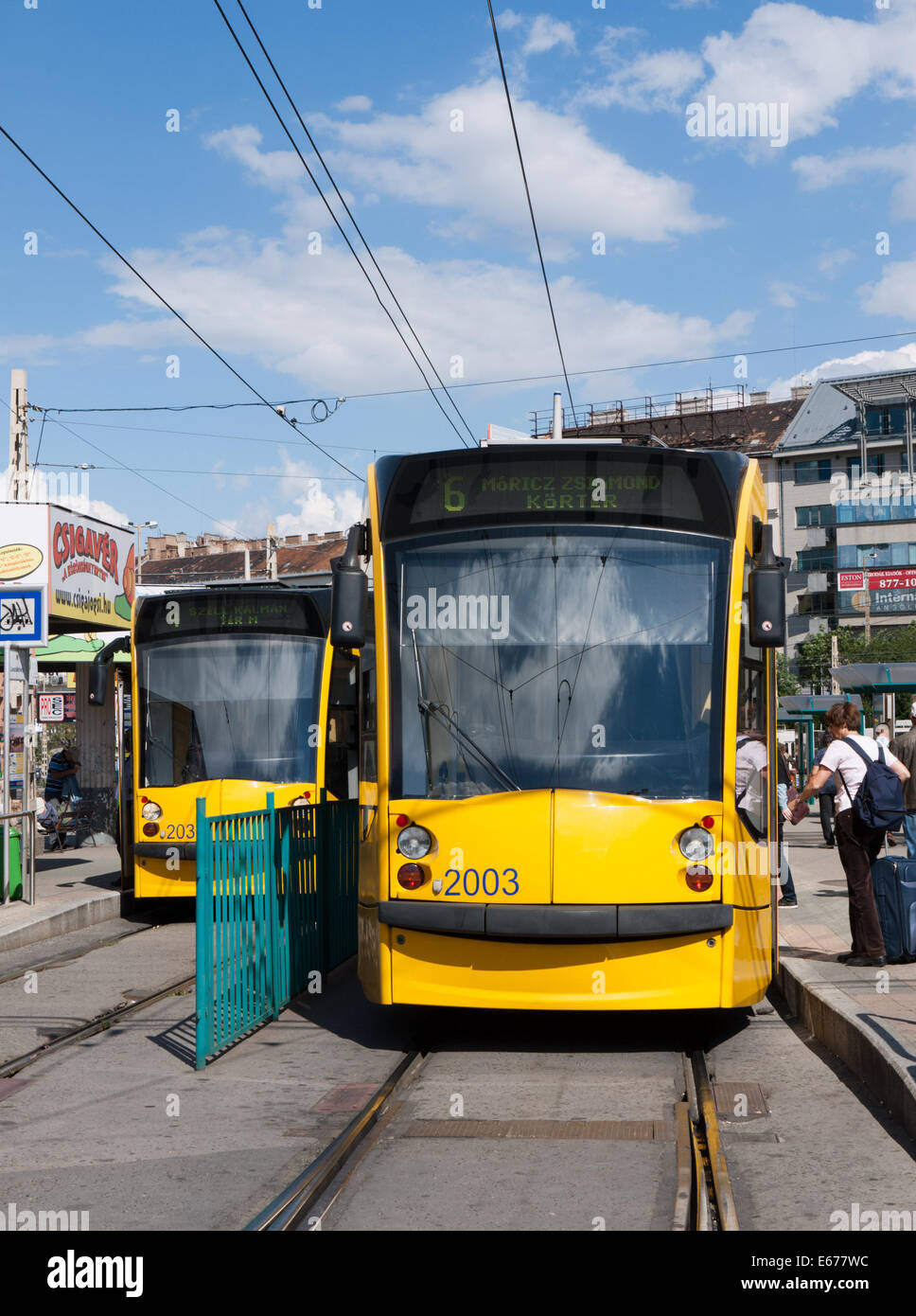 Yellow Combino trams in Budapest, Hungary Stock Photo