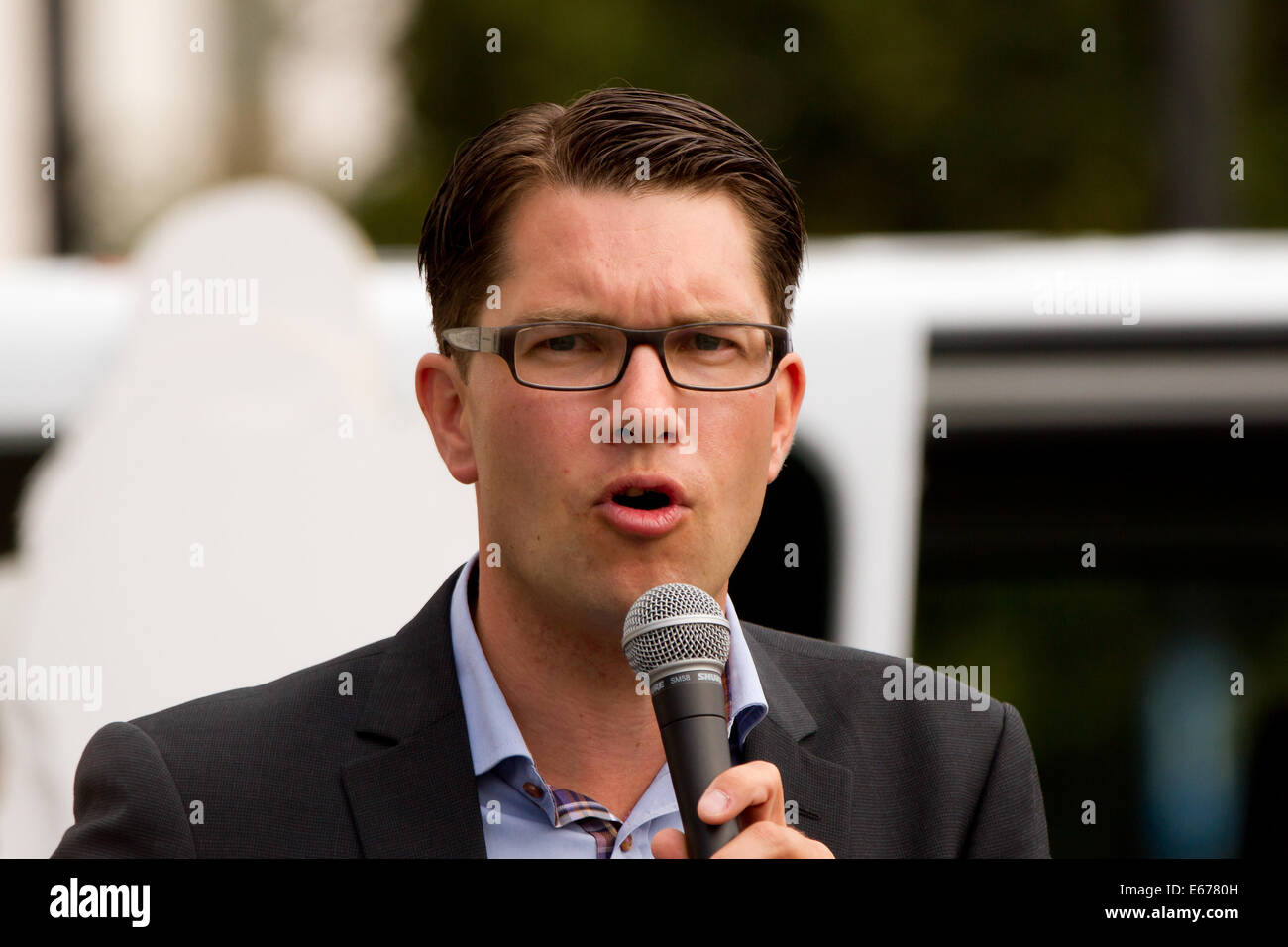 Jimmie Åkesson, leader of the Swedish party Sverigedemokraterna, holding an election speech Stock Photo